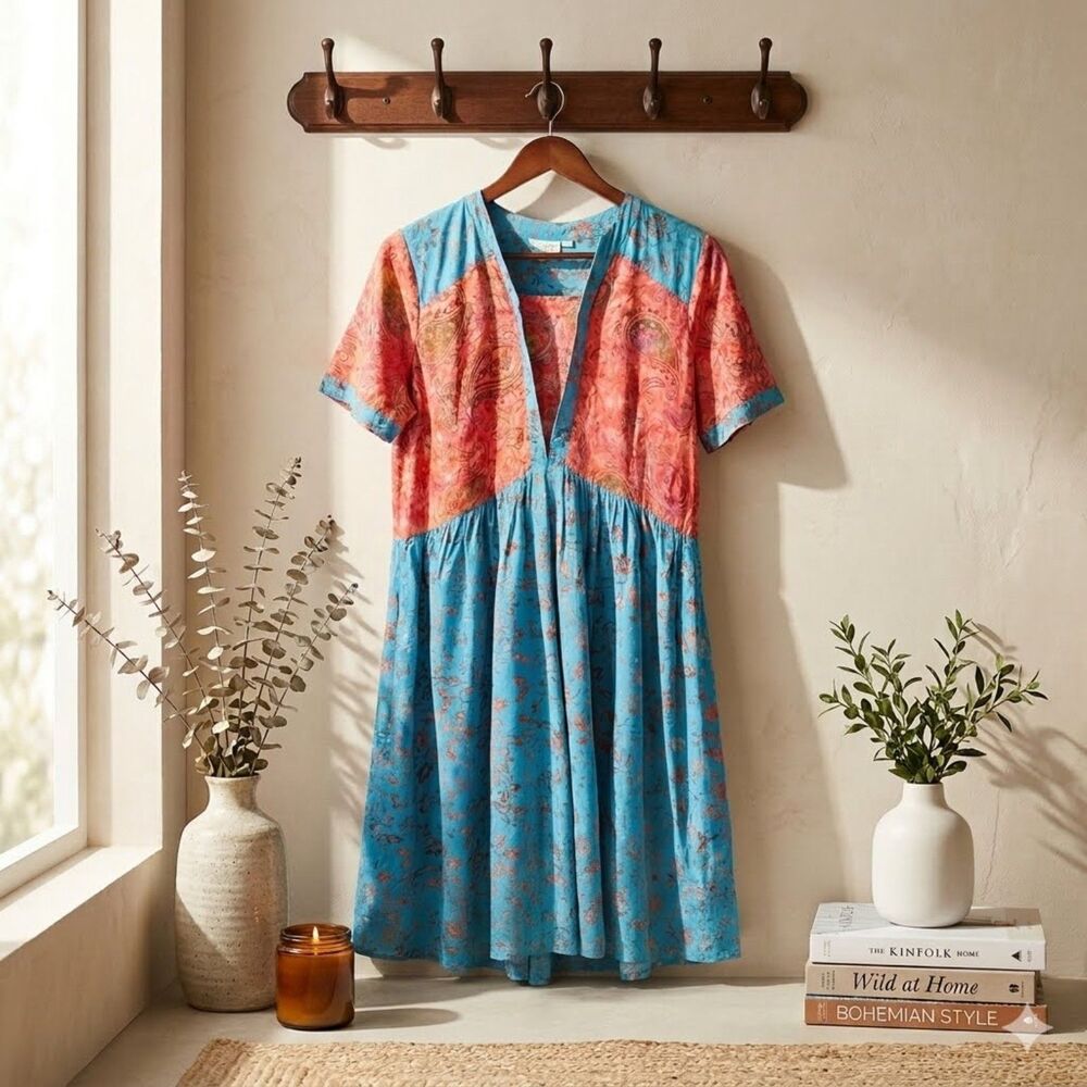 Go Fish Dress Womens M Colorful Paisley Floral Red Blue Brown Boho Rayon
